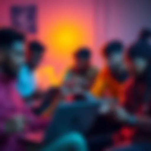 A group of people discussing memecoins with laptops and phones, showcasing their dedication to the Kendu project.