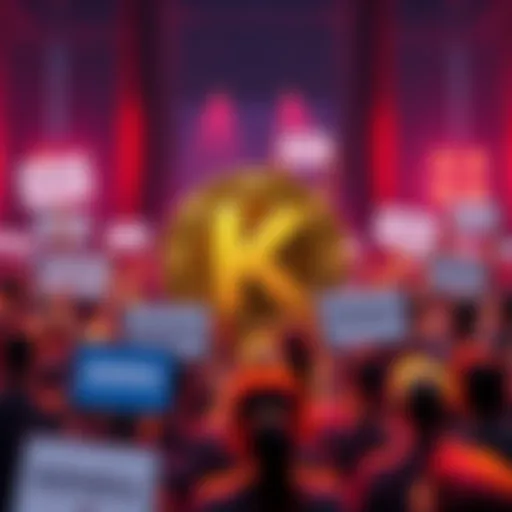 The Kendu memecoin logo surrounded by enthusiastic supporters holding signs of endorsement, symbolizing community strength and engagement in the crypto space.