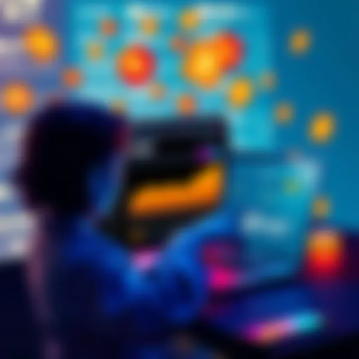 A person exploring the Keplr wallet interface on a laptop, with cryptocurrency symbols around them