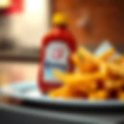 A close-up of a ketchup bottle beside a plate of crispy fries, showcasing the popular condiment
