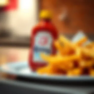 A close-up of a ketchup bottle beside a plate of crispy fries, showcasing the popular condiment