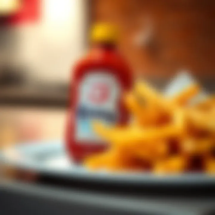 A close-up of a ketchup bottle beside a plate of crispy fries, showcasing the popular condiment