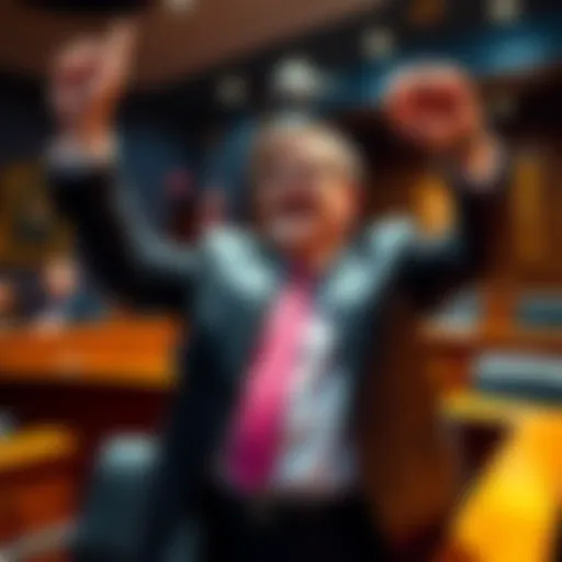 Kevin O'Leary celebrating his legal victory against Ben Armstrong in a courtroom