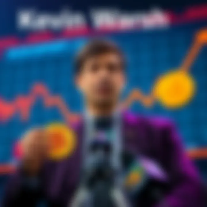 Kevin Warsh being interviewed with Bitcoin and a decreasing graph in the background, symbolizing concerns in the crypto market