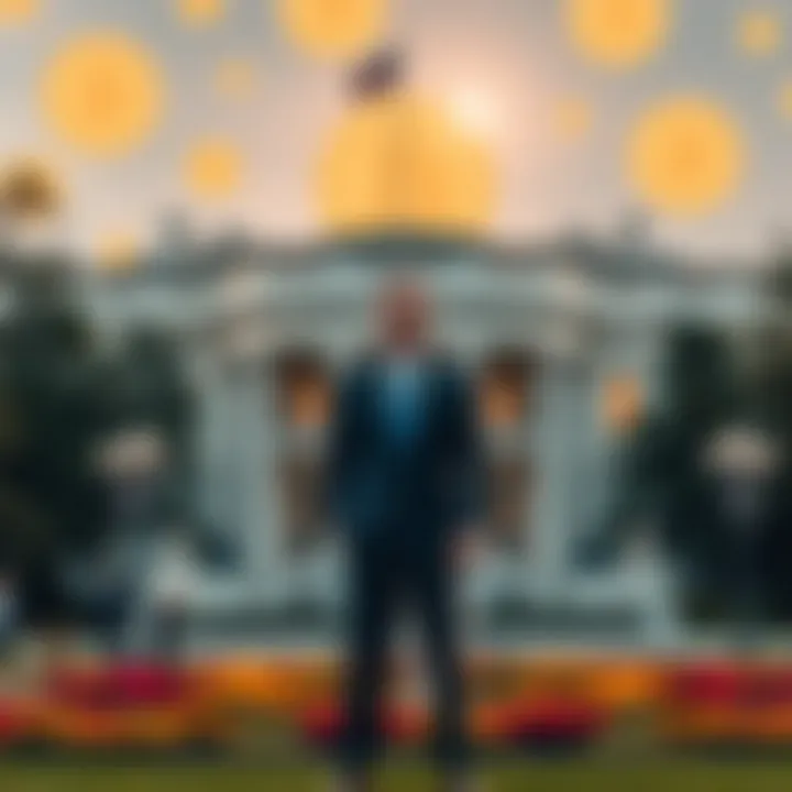 Kevin Warsh stands in front of the White House, symbolizing his nomination as Federal Reserve Chairman with Bitcoin graphics in the background.