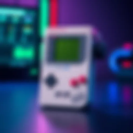 A retro-styled hardware wallet in the shape of a Game Boy, featuring a sleek design with buttons and a screen, representing modern cryptocurrency security.