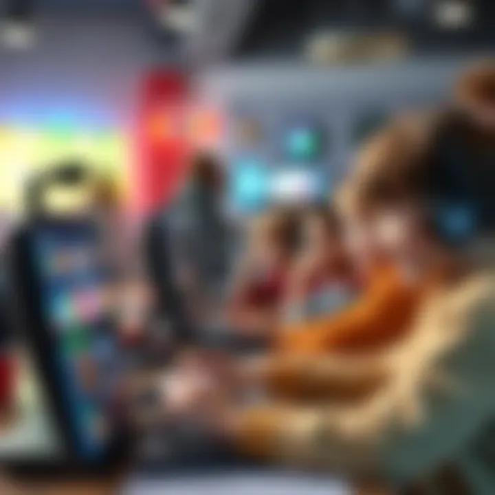 A group of children happily working on computers, designing their own websites with colorful themes and graphics.
