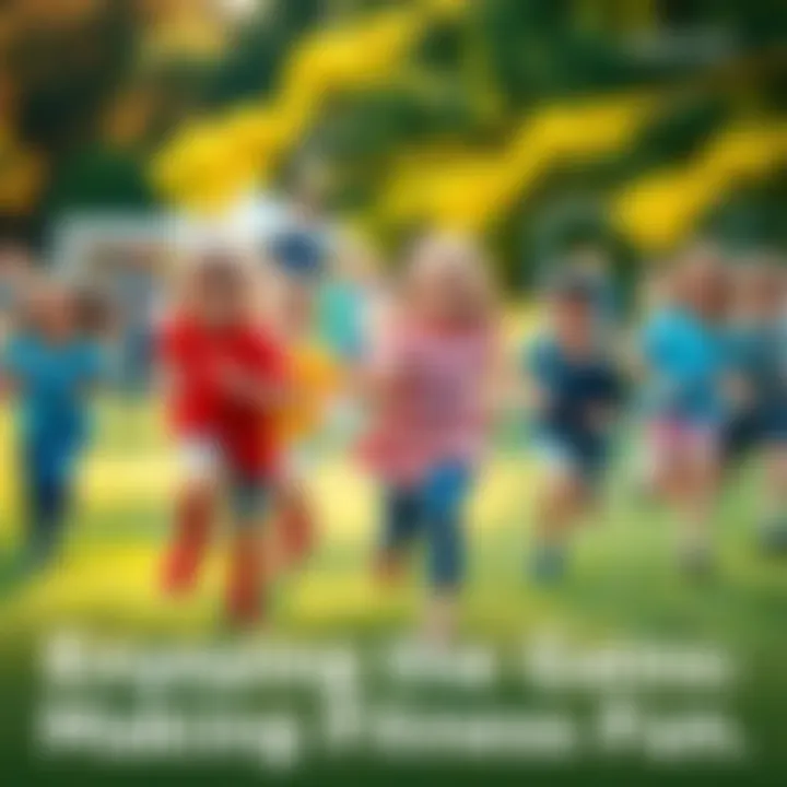 A group of children playing outside, running and laughing while engaging in a fitness game.