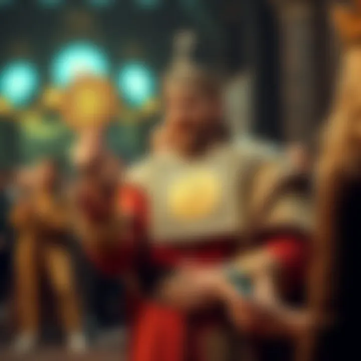 A representation of King Geoffrey holding a Bitcoin symbol, surrounded by enthusiastic Bitcoin fans discussing cryptocurrency.