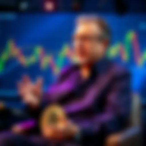 Robert Kiyosaki talking about Bitcoin investment strategies with a graph of Bitcoin prices in the background.