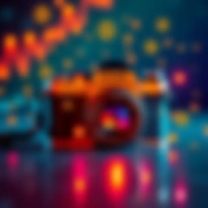 A Kodak camera surrounded by digital blockchain symbols representing innovation in photography rights management