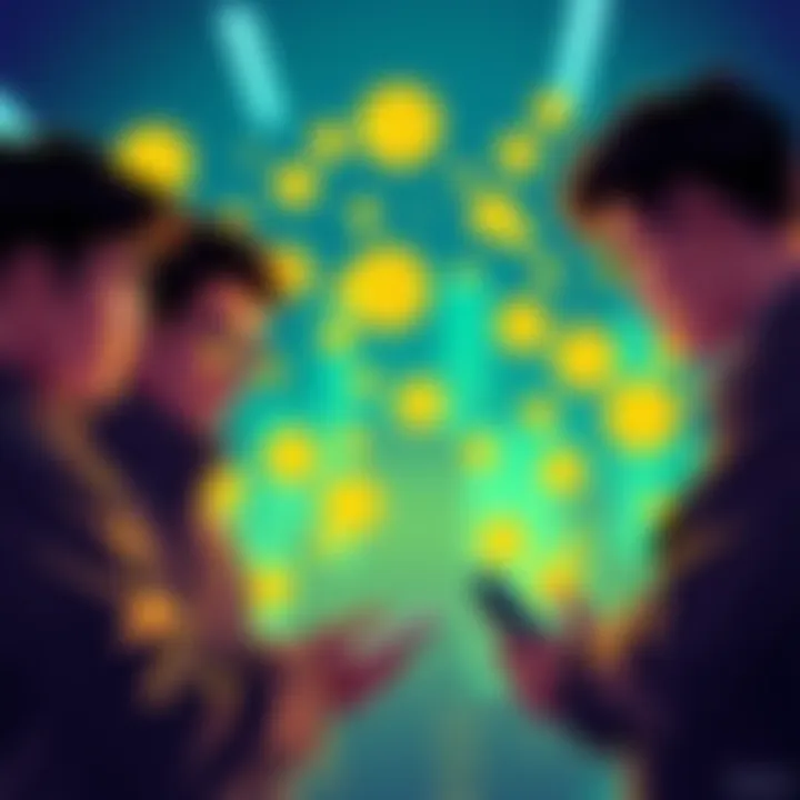 A group of South Koreans in their 20s to 50s discussing cryptocurrency investments, with digital currency symbols in the background.
