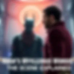 Ambassador Kosh stands in front of Commander Sinclair, delivering a significant message. Kosh appears as a tall, shadowy figure, while Sinclair looks intrigued and curious.