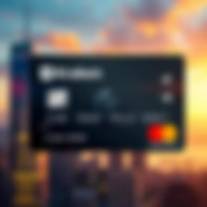 Kraken Debit Card Design A sleek, modern Kraken debit card featuring the Kraken logo and Mastercard branding, set against a backdrop of a city skyline.