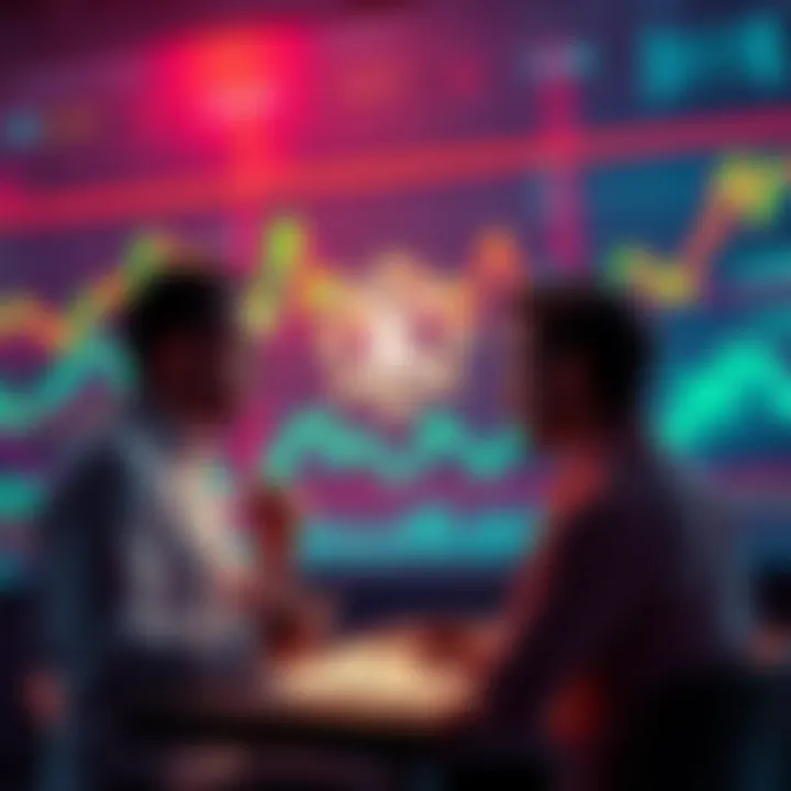 People discussing market trends and cryptocurrency predictions with charts and graphs in the background