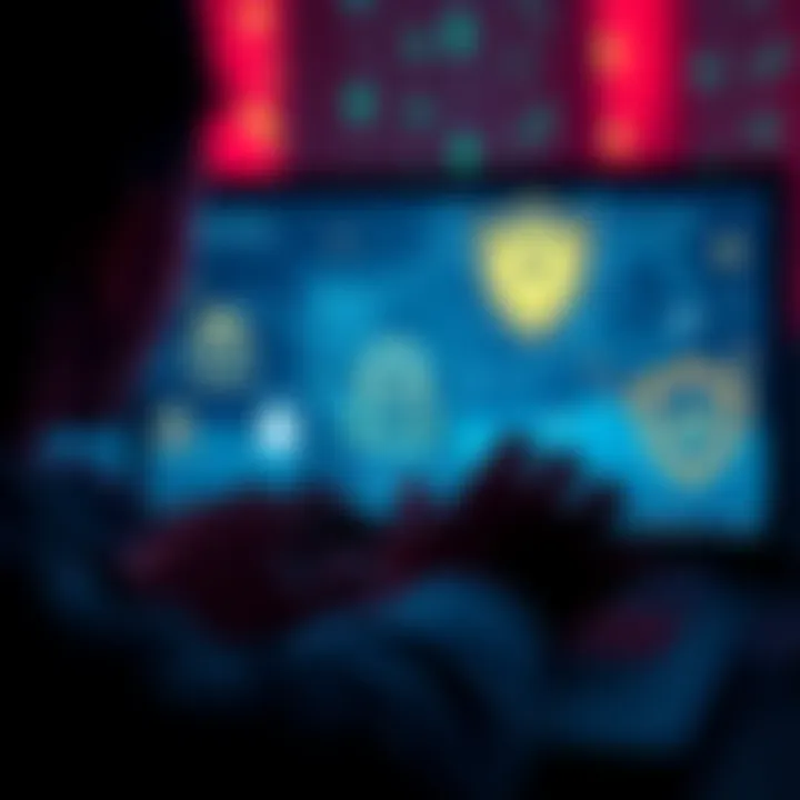 A person looking worriedly at a computer screen, with symbols of security like locks and shields around them