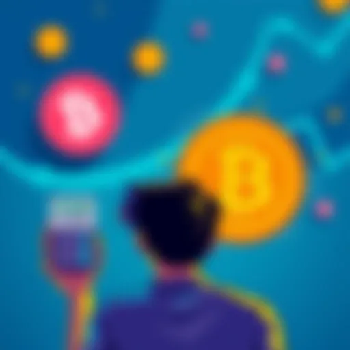 Illustration of a person considering Bitcoin investment with Kraken's 0.10% APY offer, showing a calculator and a Bitcoin symbol.