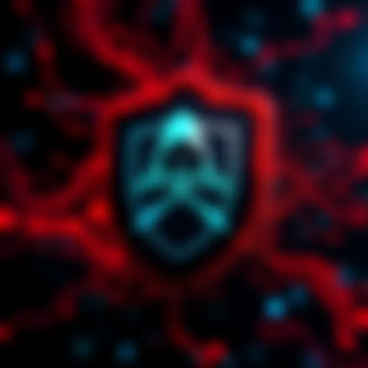 Graphic showing data breach warning with hacker silhouette and shield symbol