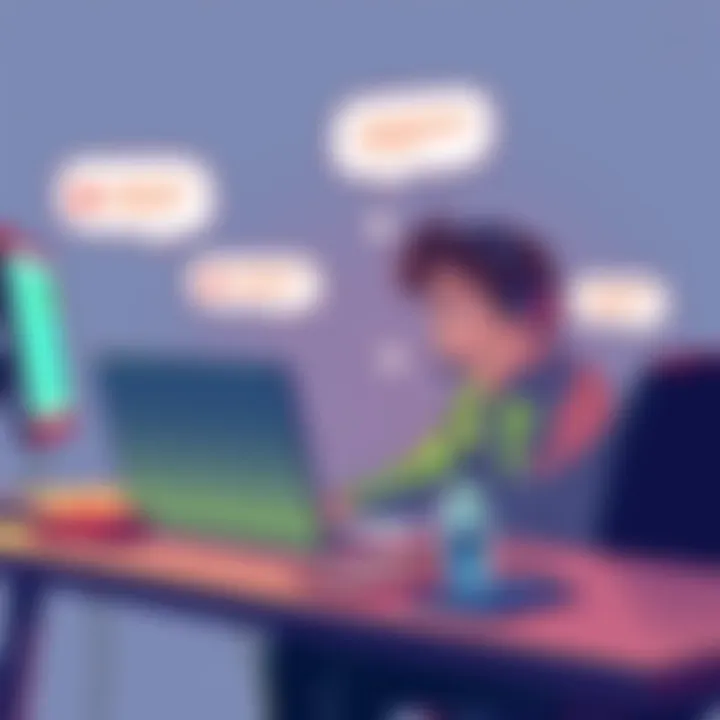 A person sitting at a desk with a laptop, frustrated while trying to contact customer support, with dialogue bubbles showing messages being sent.