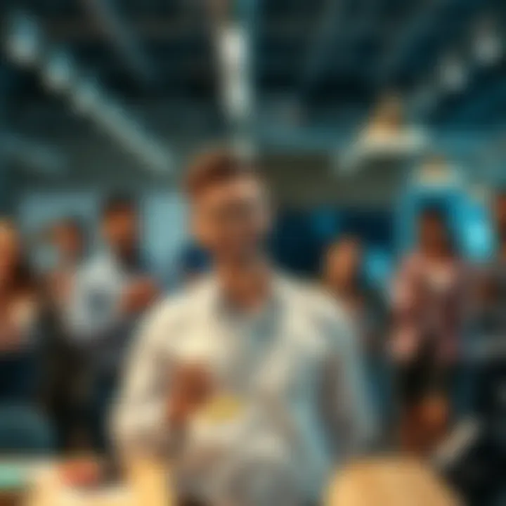 Kris celebrating their achievement Kris smiles proudly while holding an award, surrounded by team members clapping and cheering in a lively office
