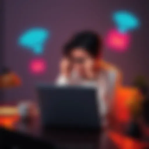 A frustrated person sitting at a desk with a laptop, showing a login error message on the screen, surrounded by WiFi and 5G icons.