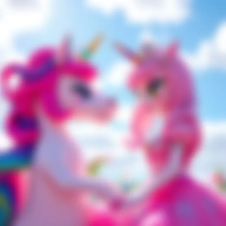 Lady Rainicorn, a colorful, rainbow-hued character, and Princess Bubblegum, a pink princess, interact in a whimsical setting. They share a moment under a bright sky, symbolizing their friendship amid ...