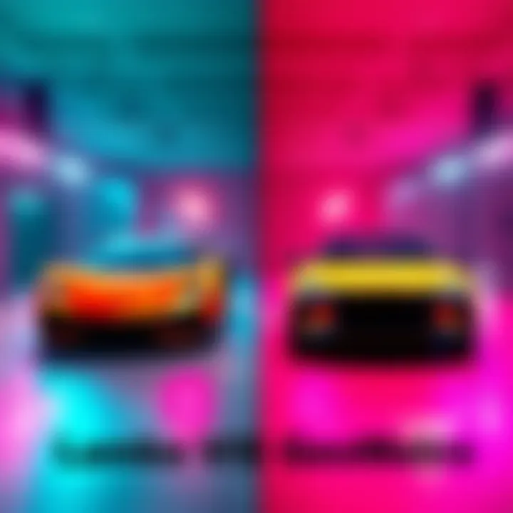 A side-by-side comparison of a flashy Lamborghini and a practical GeoMetro in a lively debate setting.