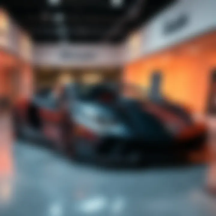 A sleek Lamborghini sports car on display in a modern showroom with bright lighting
