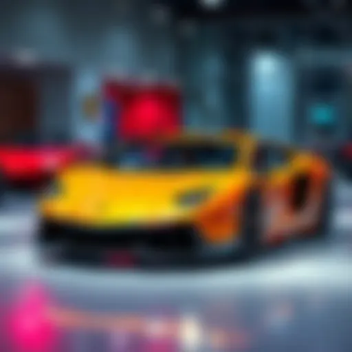 A sleek, new Lamborghini car parked in a showroom, showcasing its design and vibrant color, attracting attention from car enthusiasts.