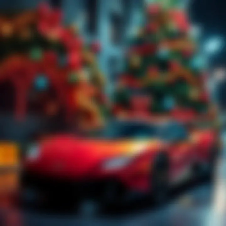 A shiny Lamborghini car parked under a beautifully decorated Christmas tree with festive lights and ornaments