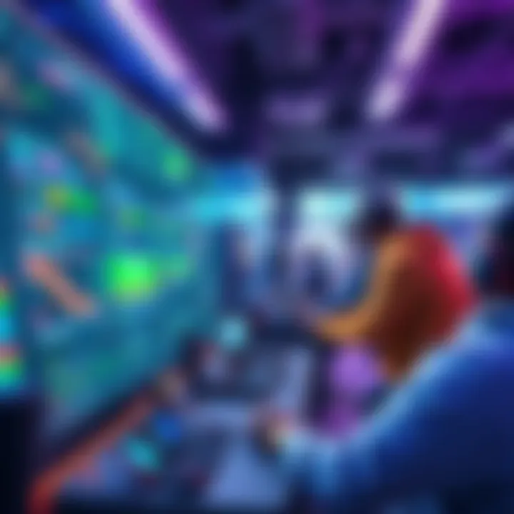 A scene showing players in a virtual minigame environment using spoofing tactics with digital tools.