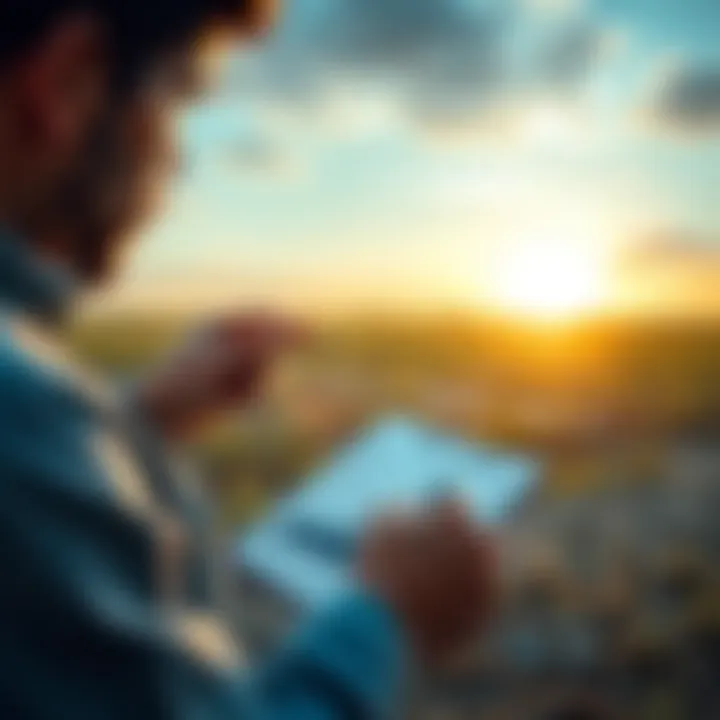 A person examining a plot of land with a notepad and calculator, considering investment options.