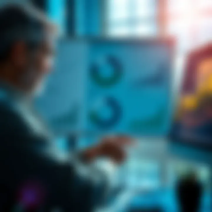 A landowner reviewing advertisements with charts and graphs showing ad performance and land purchases