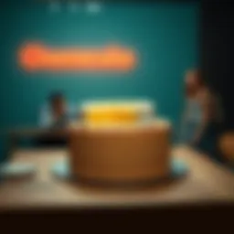 A 140-pound cheesecake sits on a table with a man looking worried, as a woman walks away in frustration.