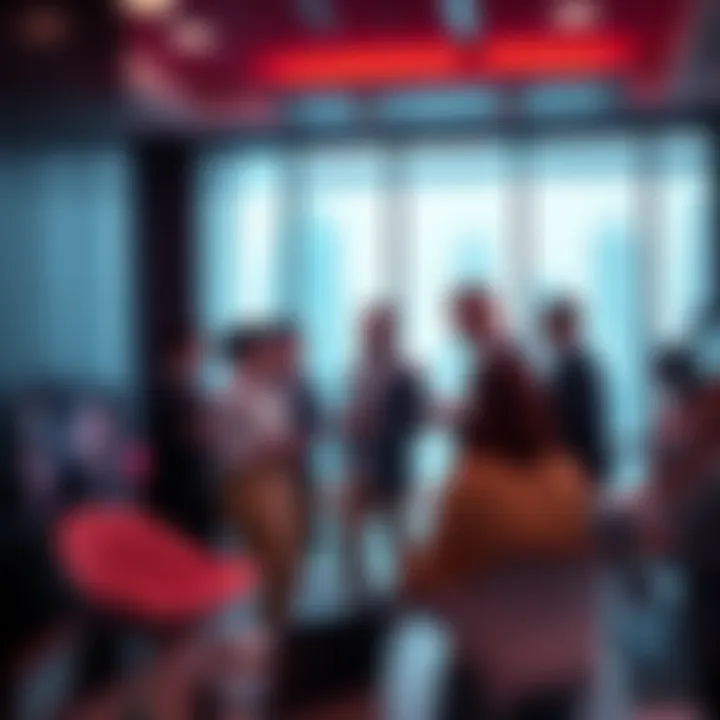 A group of people discussing the latest industry updates in a modern office setting.