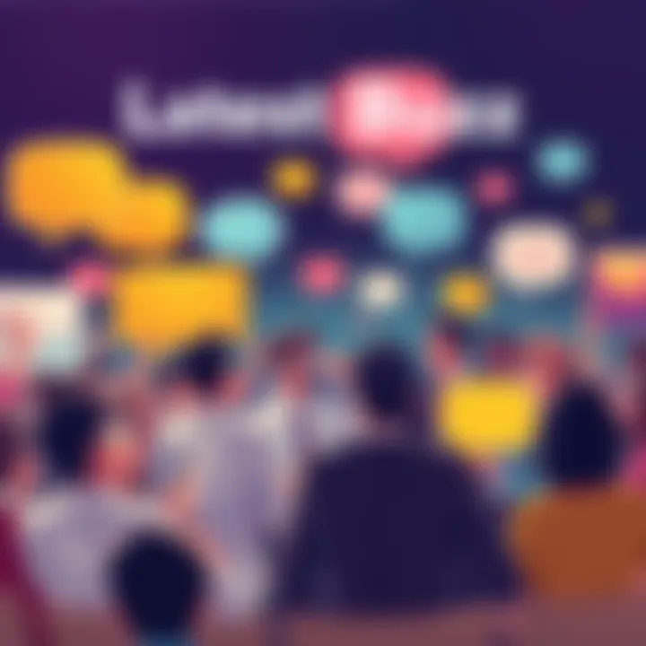 Latest Buzz Illustration A vibrant scene showing a group of excited people discussing trends and events, with colorful speech bubbles around them expressing different ideas and emotions.