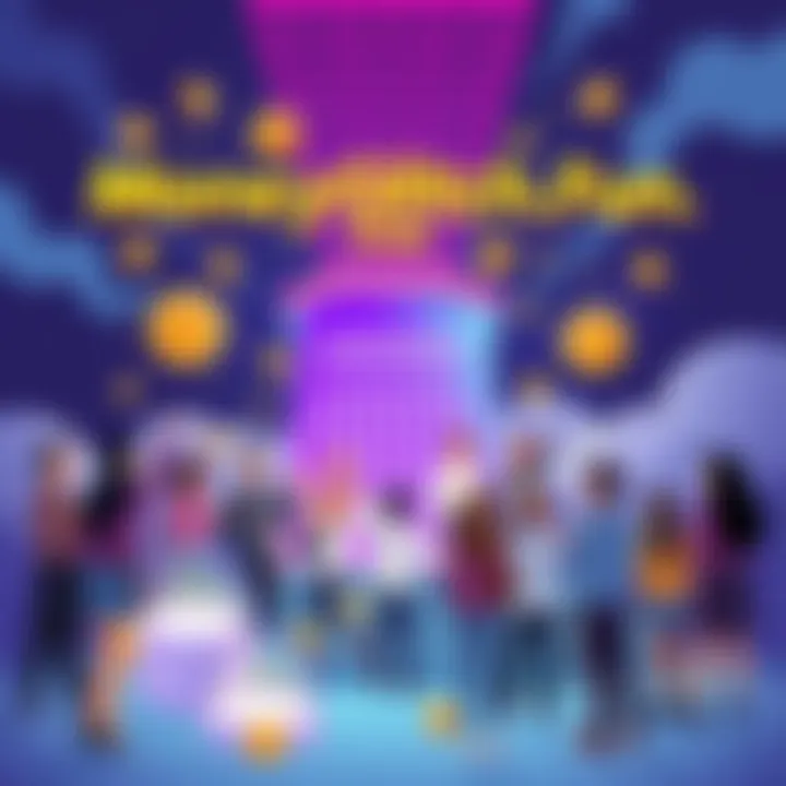 An illustration showing the launchpad MoneyGlitch.Fun with crypto tokens and community members celebrating sustainable growth.