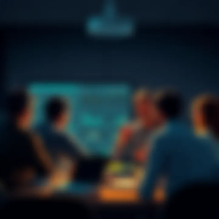 A group of people gathered around a computer, discussing strategies for launching a new decentralized exchange, with charts and graphs displayed on the screen.
