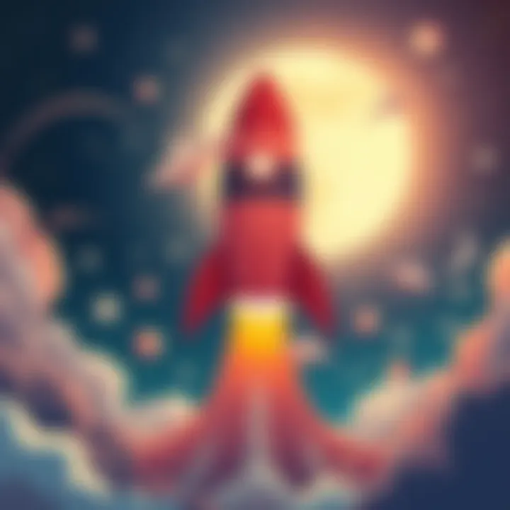 A fun illustration of a rocket blasting off towards the moon with laughter and excitement in the background.
