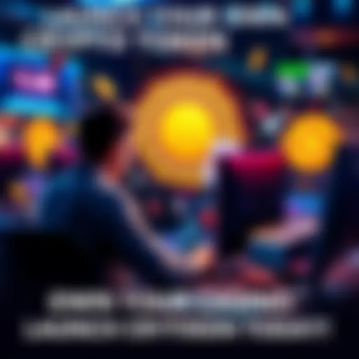 A person at a computer launching a customizable crypto token, surrounded by casino elements like chips and cards