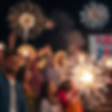 A group of diverse people celebrating the upcoming year 2026 with fireworks and banners, filled with ambition and dreams for the future.