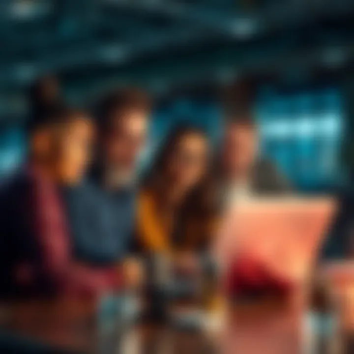 A group of diverse people collaborating on a laptop, discussing ideas for an open source project.