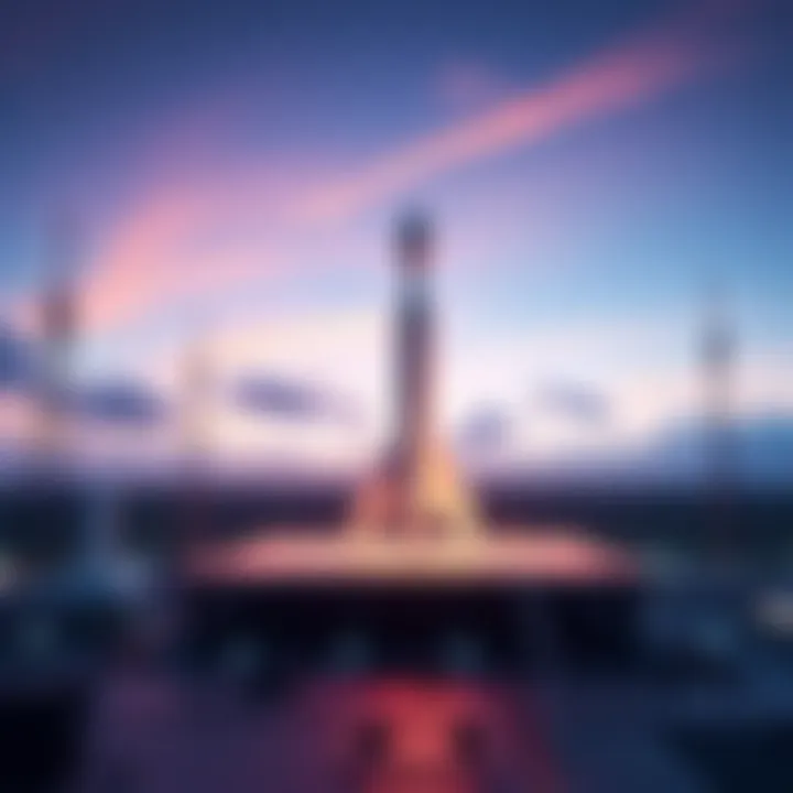 A rocket on a launchpad ready for takeoff with bright lights and a clear sky