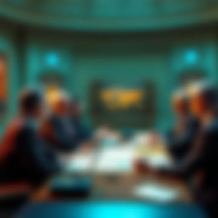 A group of U.S. lawmakers meeting to talk about cryptocurrency regulations with charts and documents on the table.