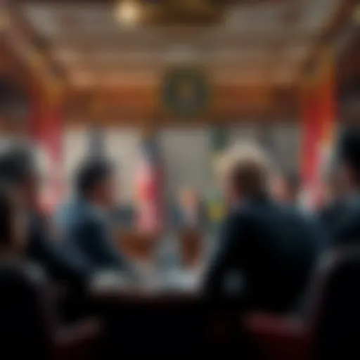 A group of lawmakers in a meeting, discussing new legislation ahead of the 2026 election campaign, with flags in the background.