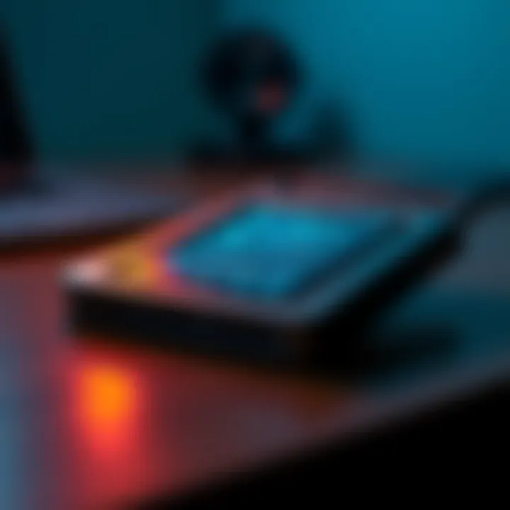 A close-up view of a Ledger cold wallet device displayed on a table with a digital screen showing security features.