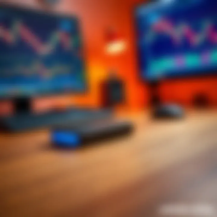 A Ledger Nano S cryptocurrency wallet placed on a wooden table, with a computer screen displaying crypto charts in the background.