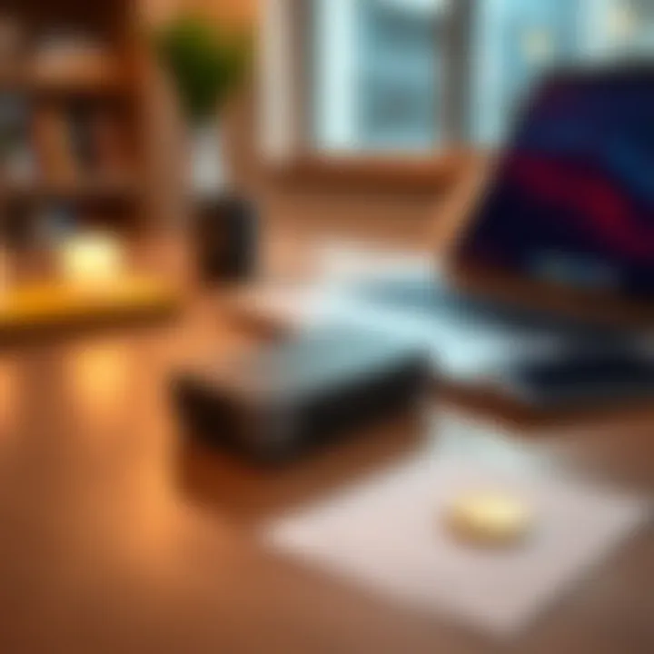 A Ledger Wallet device placed on a wooden table with a laptop and smartphone in the background.