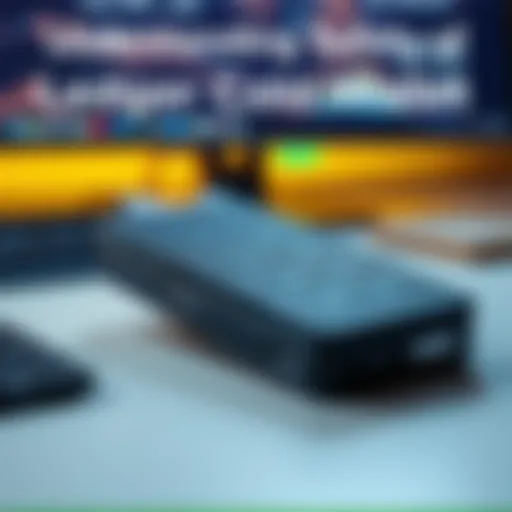 A close-up of the Ledger Flex cold wallet showing its sleek design and security features, resting on a desk with a computer in the background.