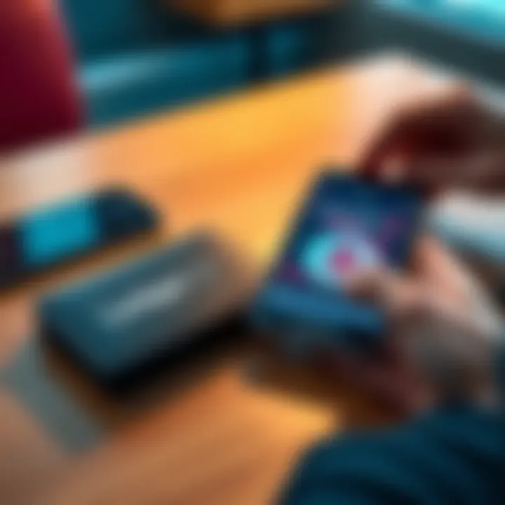 A Ledger hardware wallet lying on a wooden table with a hand holding a smartphone nearby, showing a crypto app